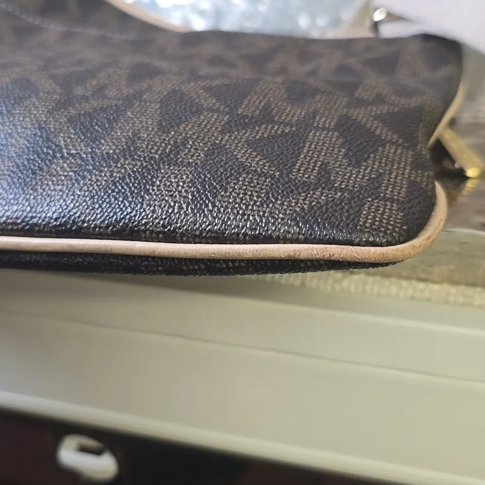 Michael Kors Brown Monogram Crossbody with Tan Trim